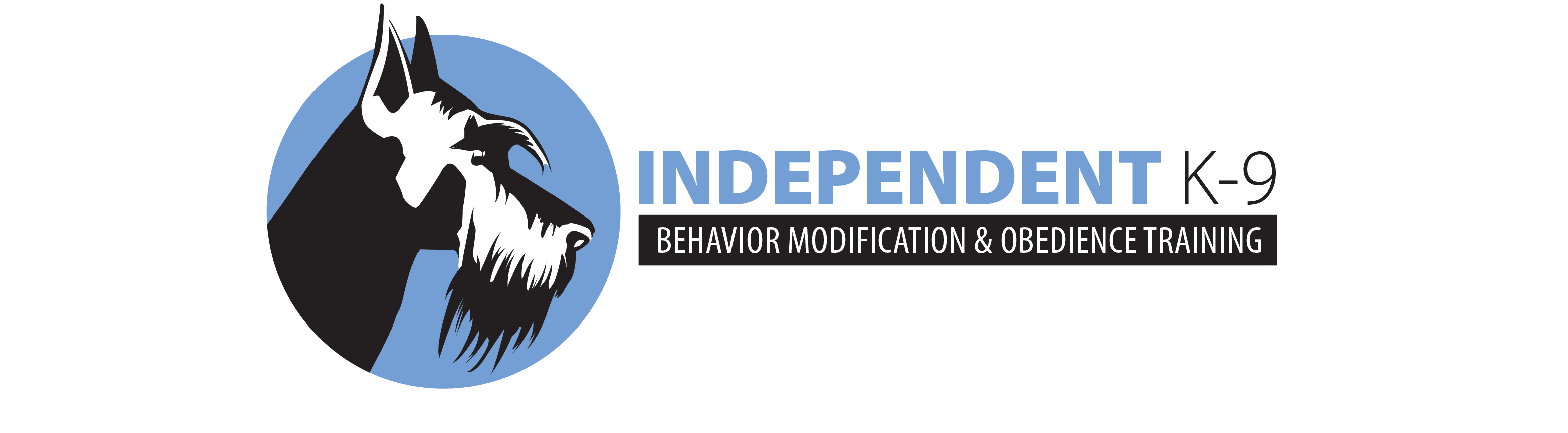 A professional logo for Independent K-9 dog training company featuring a stylized husky head with blue and white coloring and accompanying text.